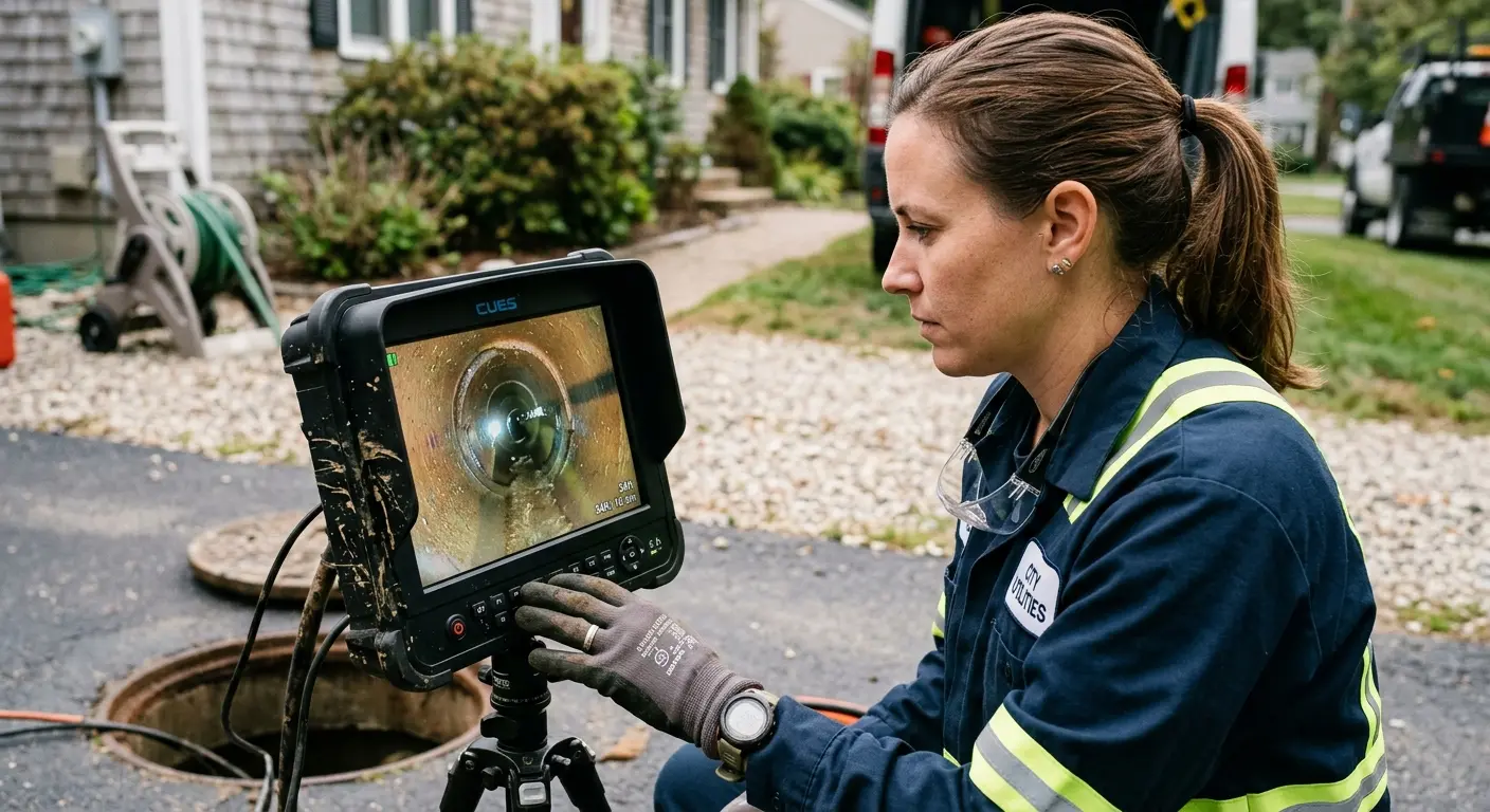 Technician reviewing sewer camera inspection footage in Norwalk